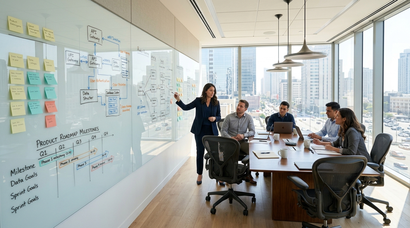 Glass Whiteboard Strategy Session with Flowcharts